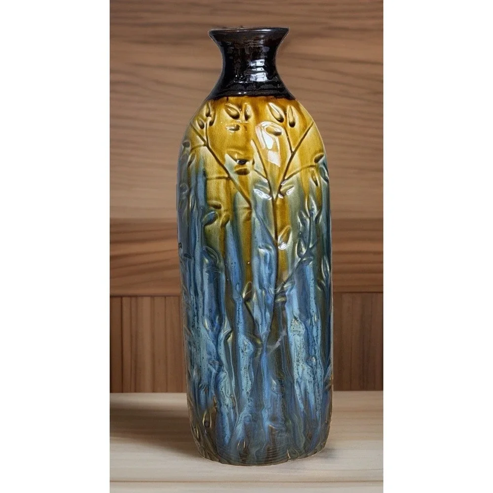 Vintage Style Blue Brown Drip Glaze Art Pottery Vase Embossed Floral Relief